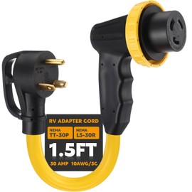 Kanayu 30 Amp RV Adapter RV Extension Cord with Locking Connector Plug NEMA TT-30P to L5-30R, Generator Extension Power Cord Adapter Plug with 90° Grip Handle, 10AWG/3C STW, ETL Listed(1.5ft)