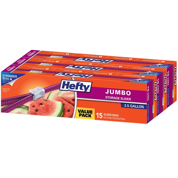 Hefty Slider Jumbo Storage Bags, 2.5 Gallon Size, 15 Count (Pack of 3), 45 Total