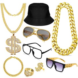 MEDOJO 80 90s Hip Hop Outfit Kit for Men Women Rapper Costumes Fake Golden Chain Dollar Ring Sunglasses Accessories