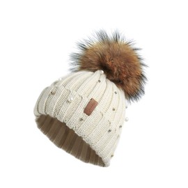 Pilipala Women Knit Beanie Hat with Fur Pompom Winter hat for Women Ski Cap (Beige(Raccoon Pompom))