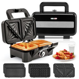 KOTEK 3 In 1 Sandwich Maker, Waffle Maker with Removable Plates, 5-Gear Temperature Control, Non-Stick Coating, Cool Touch Handle & Indicator Lights, Panini Press for Breakfast, 1200W