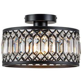 Rpzloila Crystal Ceiling Light Fixture, Modern Flush Mount Ceiling Light, Black Crystal Chandelier for Kitchen Bedroom Bathroom Entryway Hallway