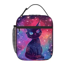 FREE LION Black Cat Lunch Box for Girls Kids Women Adults, Cute Cat in Colorful Sparkle Galaxy Insulated Lunch Bag for School Work Travel, Durable Cat Lunchbox, Pink Black