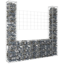 Tidyard U-Shape Gabion Basket with 2 Posts Iron 55.1 x 7.9 x 59.1 Inch Garden Stone Wire Basket Wall Panel Fencing, Patio Decorative Fence for Outdoor Terrace Lawn Backyard