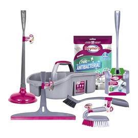 Reynera Kit de Limpieza Total para el baño.Incluye 7 Productos: Organizador Caddy, Bomba destapacaños, Cepillo Sanitario, Cepillo para Azulejos, Cepillo Multiusos, paño de Limpieza y Limpia vidrios