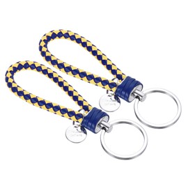 PATIKIL Braided Leather Keychain with Stainless Steel Key Ring Sleeve, 2 Pack PU Woven Wristlet Lanyard Strap Fob Keyring Holder for Car Bag Wallet Pendant, Yellow Sapphire Blue