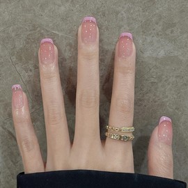 CEWEWP Pink French tip Press on Nails Short Square Fake Nails with Design Glue on Nails Nude Stick on Nails Glossy Spring Nails Acrylic Summer False Nails for Women Girls Manicure 30 Pcs