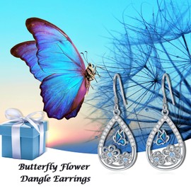 REDSUN Butterfly Earrings 925 Sterling Silver Flower Dangle Drop Earrings Butterfly Flower Earrings Jewellery Birthday Christmas Gifts for Women Girls, Sterling Silver
