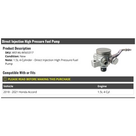 Direct Injection High Pressure Fuel Pump - Compatible with 2018-2021 Honda Accord 1.5L 4-Cylinder