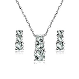 GemStar USA Sterling Silver Light Aquamarine Round Graduating Three Stone Stud Earrings & Necklace Set