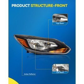 PHILTOP Headlight Assembly Pair for 2012-2014 Ford Focus, Driver and Passenger Side, Amber Reflector, Clear Lens, Black Housing