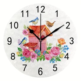 Hapuxt Wall Clock PVC Non Ticking Silent Farmhouse Bird Flower Watercolor Round Battery Operated Home Decorative Kitchen Office Living Room Bedroom 9.8 Inch