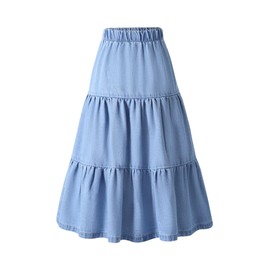 GORGLITTER Girl's Ruffle Denim Skirt High Waisted A Line Midi Jean Skirts Medium Wash 10Y
