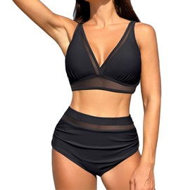 Women's Black Bikini Sets with Hight Waisted Tummy Control Swimsuits Removable Chest Pad Bathing Suits Adjustable Shoulder Strap 2 Pieces (UK, Alpha, M, Regular, Regular, Black)