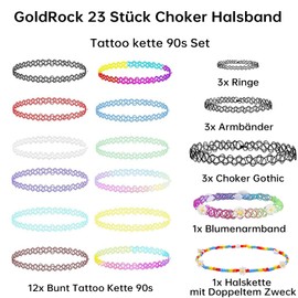 GoldRock Set of 23 Choker Necklaces, Tattoo Necklace, 90s Set, Tattoo Necklace Girls Women, 90s Accessories, 17 x Gothic Choker, 3 x Bracelets, 3 x Rings Black, Neon Choker Chain, Tattoo Choker