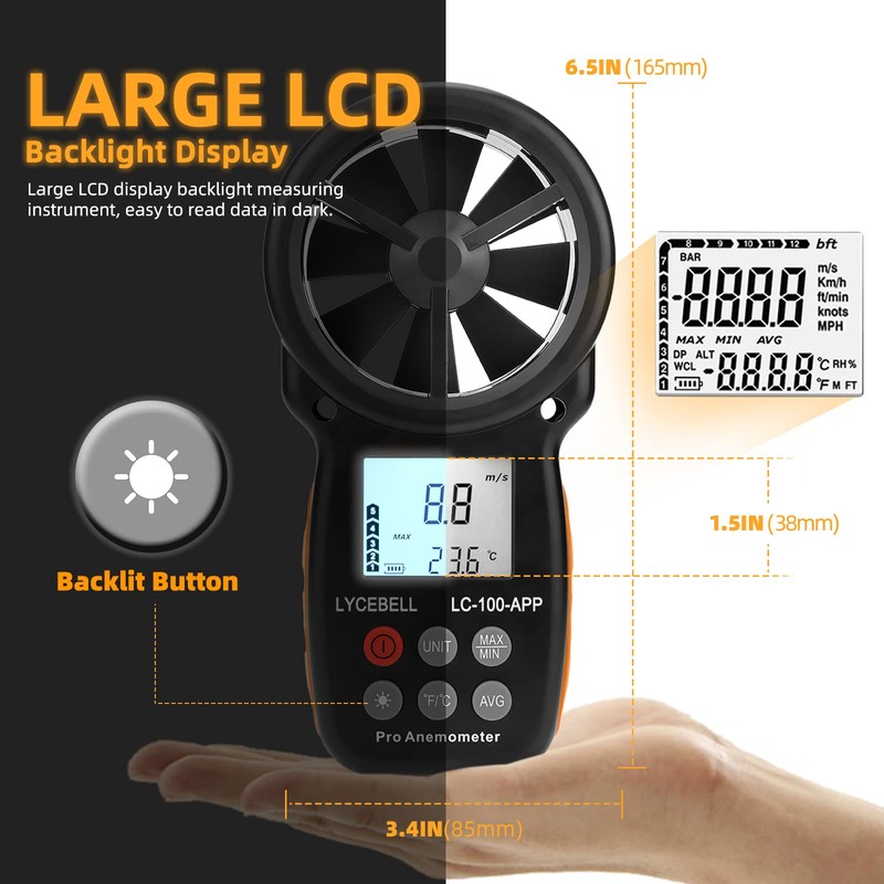LYCEBELL LC-100-APP Digital Anemometer APP Connect with Wireless Bluetooth for