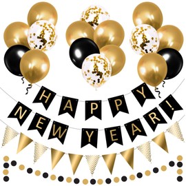 OHugs New Years Eve Decorations 2025 - Black and Gold Happy New Year Party Decoration Accessories with Happy New Year Banner, Gold Bunting, Circle Garland, Metallic Gold Balloons and Black Balloons