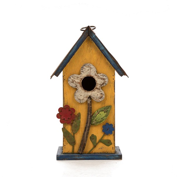 glitzhome 10.2" H Hanging Bird House for Outdoor Patio Garden Decorative Birdhouse Pet Cottage Distressed Wooden Birdhouse, Yellow Flower