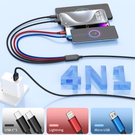 Multi Charging Cable(2Pack 4FT), 4 in 1 Charger Cable Nylon Braided Multiple USB Cable Universal Phone Charging Cord with Type-C, Micro USB, IP Port for iPhone16/15 Series/Cell Phones and More