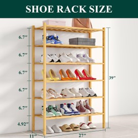 Smiry Shoe Rack, 6 Tier Bamboo Shoe Organizer, Stackable Free Standing Wooden Shoe Storage Shelf for Closet, Entryway, Front Door Entrance, Natural