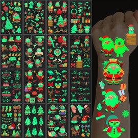 Christmas Temporary Tattoos for Kids, 260PCS Luminous Tattoos Xmas Waterproof Body Stickers, Glow in the Dark Santa Claus Face Fake Tattoo, Cute Holiday Party Favor Supplies Decorations for Adults