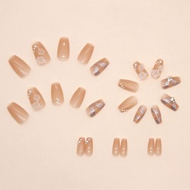 Press on Nails Square Medium Length, Artificial Acrylic Fake Nails with Crystal Camellia Designs, 24Pcs Full Cover Reusable Coffin False Nails Set, Women Glue on Nails Stick on Nails for Nail Art