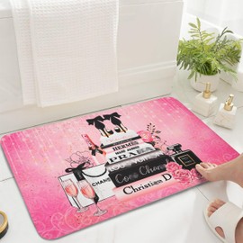 MULTIC Pink Bathroom Rugs, Girly Fashion Book Floral Perfume Bath Mat, Suede Absorbent Pink Bathroom Decor Floor Mat with Non Slip Rubber Backing, 20 x 32 Inch