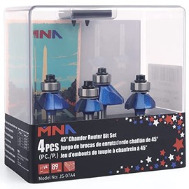 MNA 45 Degree Chamfer Bit 4 Pcs Set,1/4 Inch Shank, Cutting Diameter in 1/4”, 5/16”, 3/8”, 1/2”.Ideal for Angled Edges, Clean Edge (Send Bearing)