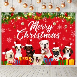 Funmemoir Christmas Backdrop Banner, Dog Christmas Photo Backdrop, Merry Christmas Puppy Santa Dogs Background Tapestry Red for Photography Winter Holiday Xmas Eve Family Party Decoration 5x3ft