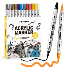 TRANSON 12 Color Bold and Fine Dual-tip Acrylic Paint Pen Set for Canvas Rock Wood Leather Ceramic DIY Painting