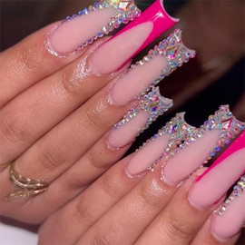 IMRAIN Long Square Press on Nails Pink French Tip Fake Nails with Rhinestone Designs Glossy Acrylic False Nails Glue on Nails Sparkly Artificial Nail Supplies Stick on Nails for Women 24Pcs