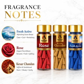 The Aroma Factory Organic Incense Dhoop Cones (Saffron Sandal, Rose, Fresh Active) Zero Charcoal | No Bamboo | 100% Herbal Fragrance | Combo Assorted Dhoop, 3x30 Cones Jute Gift Set with Holder