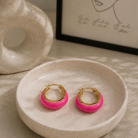 OKDESU Hot Pink Hoop Earrings for Women 18K Gold Plated Chunky Enamel Earrings Jewelry Gift for Wife Mother