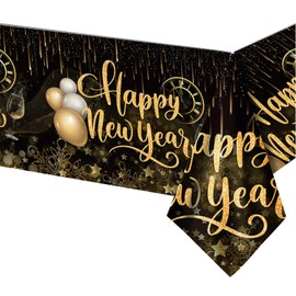 iwiio New Year Table Cloth, Happy New Year Decorations 2025, PVC Plastic Wipe Clean Tablecloth, Waterproof Square Table Cover Protector for New Year Eve Party Tablecloths