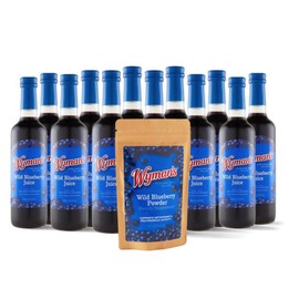 Wyman's Wild Blueberry Juice & Powder Bundle, 12 Glass Bottles Juice, 8oz Blueberry Powder, 100% Wild Blueberries, Antioxidant Activity, Great for Smoothies & Baked Goods, No Sugar Added