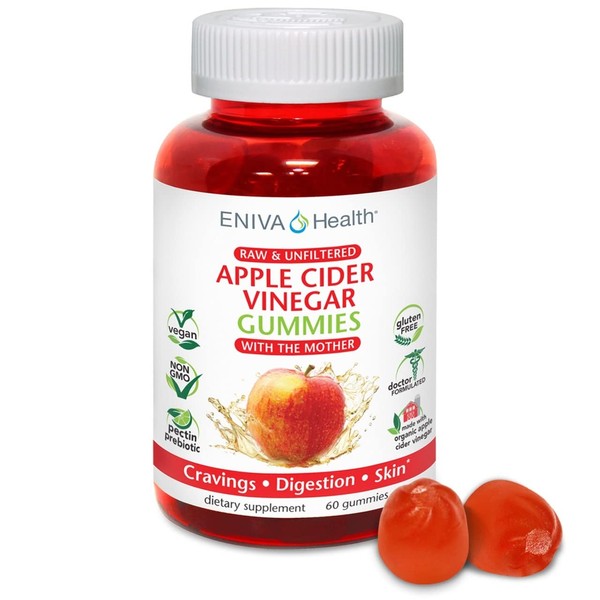 Eniva Health Apple Cider Vinegar Gourmet Gummy Vitamins 60 Ct USDA Organic ACV Vegan Gluten Free Non-GMO with The Mother B9 B12 Beetroot Pomegranate Energy Curb Cravings Detox Cleanse Immunity