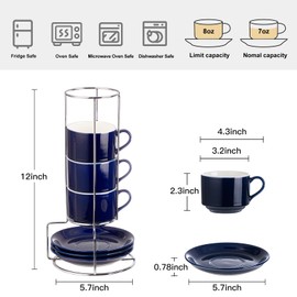 CHILDIKE 8 Ounce Porcelain Cappuccino Cups with Saucers and Silver Stand, Navy Cups Set of 4