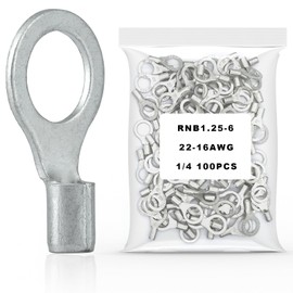 100Pcs 1/4 Non-Insulated Ring Terminal,22-16 AWG Brazed Seam Red Copper Wire Connectors,Crimp Connector Terminal Kit (Ring 1/4 100PC, AWG22-16)
