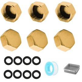 6PCS 3/8" Brass Blanking Cap Set, Female Hex Stop Caps, No-Leak Plumbing Fittings for Washing Machine, Radiator Valve, Tap or Faucet