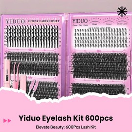 YIDUO Black Eyelash Extension Kit 50D 60D 80D 100D & Spikes Eyelash Clusters Family & Eyelash Clusters Family 600Pcs Personal Eyelash Extension Kit 5-18mm C D-Curl Individual Lash with Lash Bond and Seal, Lash Remover, and Eyelash Tweezers