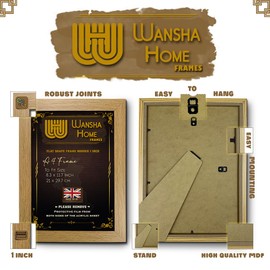 WANSHA HOME A4 Dark Oak Picture Frames (21 x 29.7 cm) Flat Poster Frame - Clear Acrylic Poster Display with MDF Wooden - Portrait/Panoramic - Wall Mount Hooks & Tabletop Stand