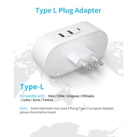 2 Pack Italy Travel Plug Adapter, VINTAR US to Italy Power Adapter with 1 USB C 2 USB A Ports and 2 American Outlets, 5 in 1 Outlet Adapter, Type L Plug Adapter for USA to Italy Uruguay Chile