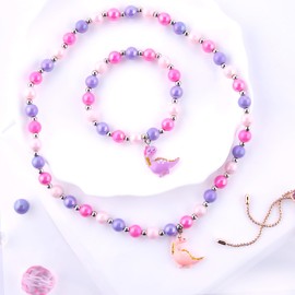 Niceup Dinosaure Stretchy Necklace Necklace Bracelet Set for Little Girl, Kids Jewelry Play Necklaces Bracelet for Kids (Pink & Purple)