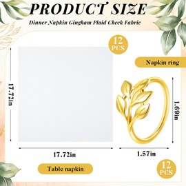 SiliFine 24 Pcs White Napkins and Gold Rings, 17" x 17" Washable Napkins Cloth and Metal Leaf Ring Table Decor for Wedding Thanksgiving Autumn Fall Christmas Birthday Dinner Party Decoration