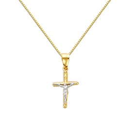 The World Jewelry Center 14k REAL Two Tone Gold Jesus Cross Religious Pendant with 0.65mm Box Link Chain Necklace - 22"