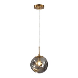 BOKT Mid Century Modern Gold Globe Pendant Lights Kitchen Island One Light Smoke Gray Glass Indoor Hanging Light Fixture Vintage Large Brushed Brass Ball Pendant Lamp for Bedroom (7.9"-Smoke Gray)