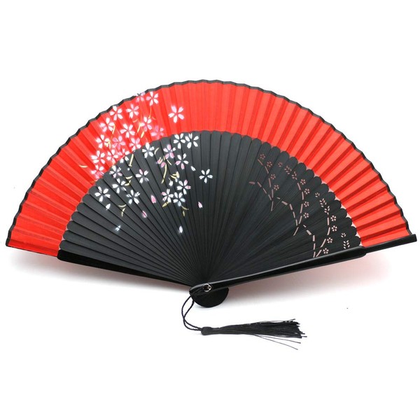 1SourceTek Silk Hand Held Folding Fans 8.27 inches (21cm) Women Hand Held Folding Fans With a Fabric Sleeve Protection for Gifts - Chinese Retro Style (Red.1)
