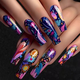 24 Pcs Sunflower Press on Nails Extra Long Fake Nails Coffin Shaped False Nails with Designs Colorful Acrylic Nails Spring Flower Press on Nails Full Cover Stick on Nails for Women Nail Art DIY
