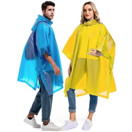 Borogo 2 Pack Rain Ponchos for Adults Reusable - Raincoats Survival Emergency Heavy Duty Rain Coat with Drawstring Hood Blue&Yellow