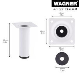 WAGNER Classic Retro 12161001 Furniture Leg Diameter 30 x 100 mm Integrated Mounting Plate 60 x 60 mm Internal Thread Diameter 10 mm Powder-Coated Steel White